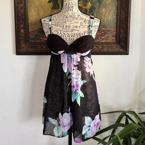 Y2K Black Floral Empire-Waist Lingerie Dress - Women's